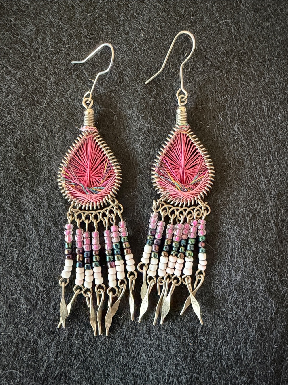 BOHO Handmade Pink Thread & Beaded Teardrop Earrings